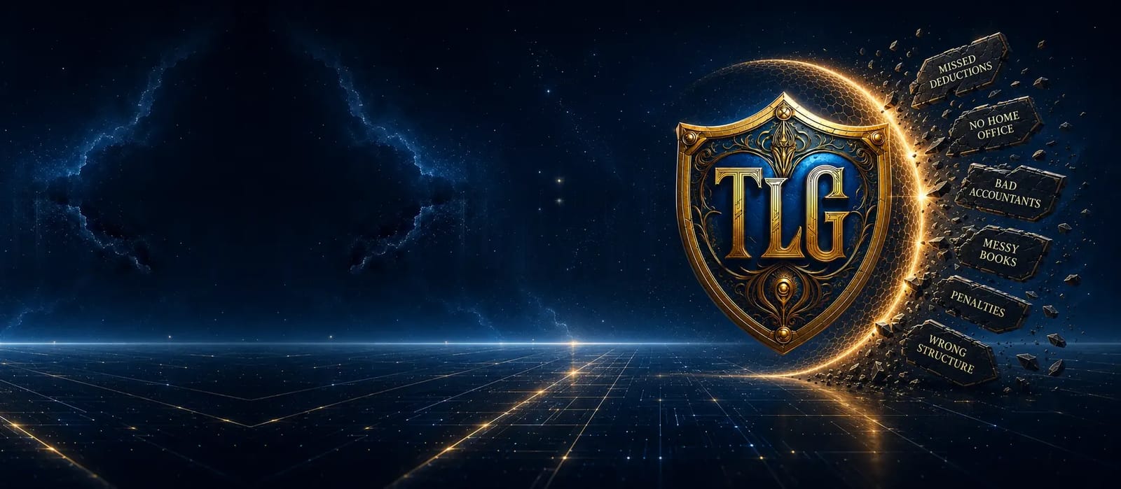The TLG crest deflecting the tax problems I handle for clients: missed deductions, no home office, bad accountants, messy books, penalties, and the wrong entity structure.